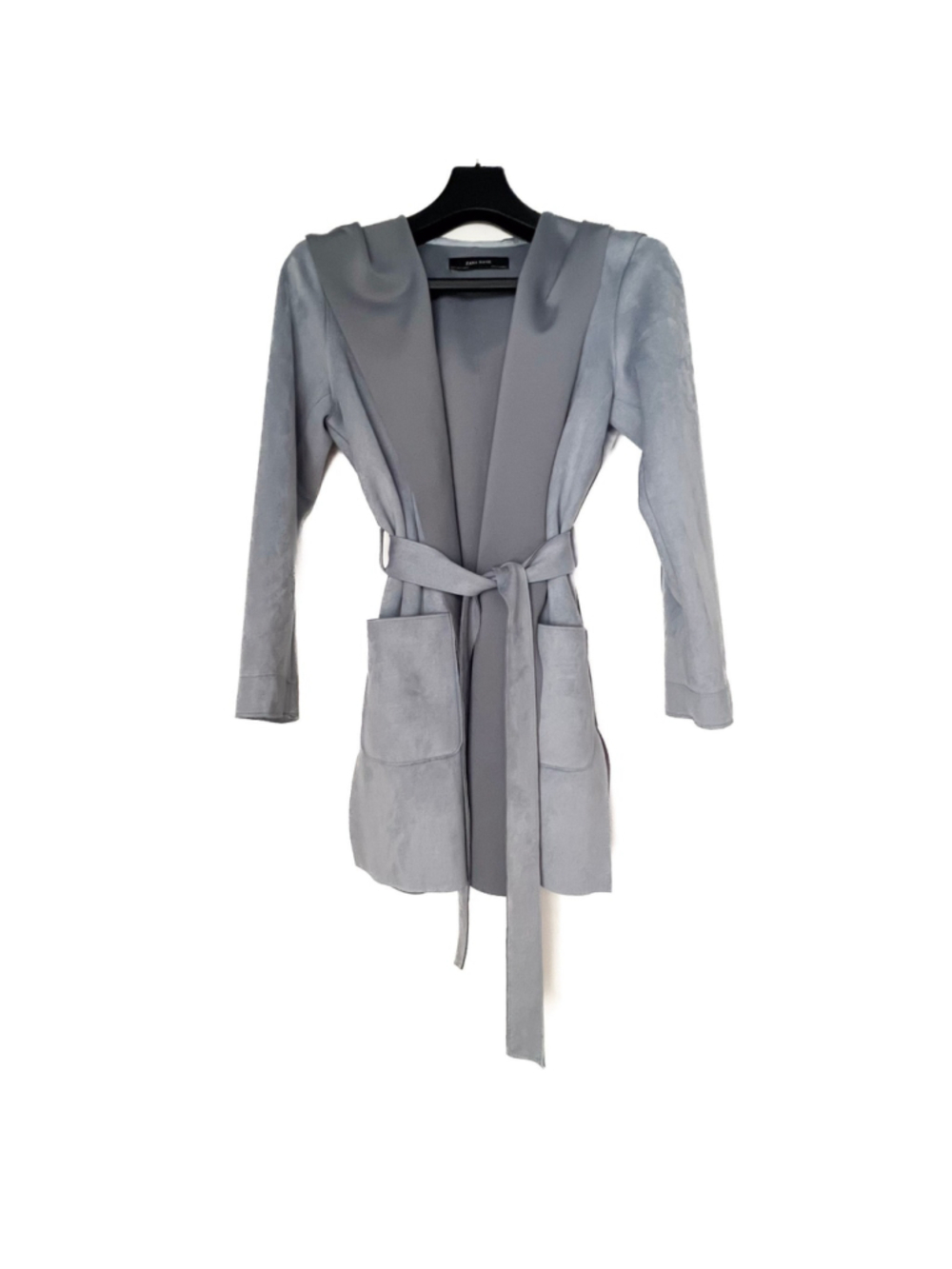 Zara Basic Faux Suede Grey Belted Hooded Wrap Coat Women’s Size Small Minimalist